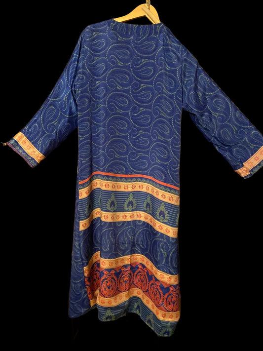 Omkeerbare zijden kimono - Oker/Marine