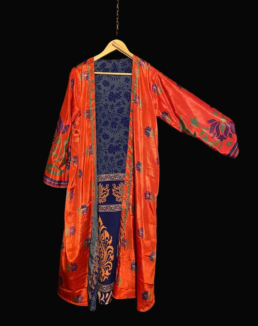 Omkeerbare zijden kimono - oranje/blauw