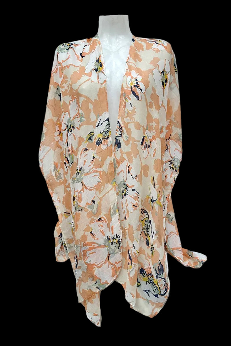 Lichtgewicht open strandponcho met bloemenprint