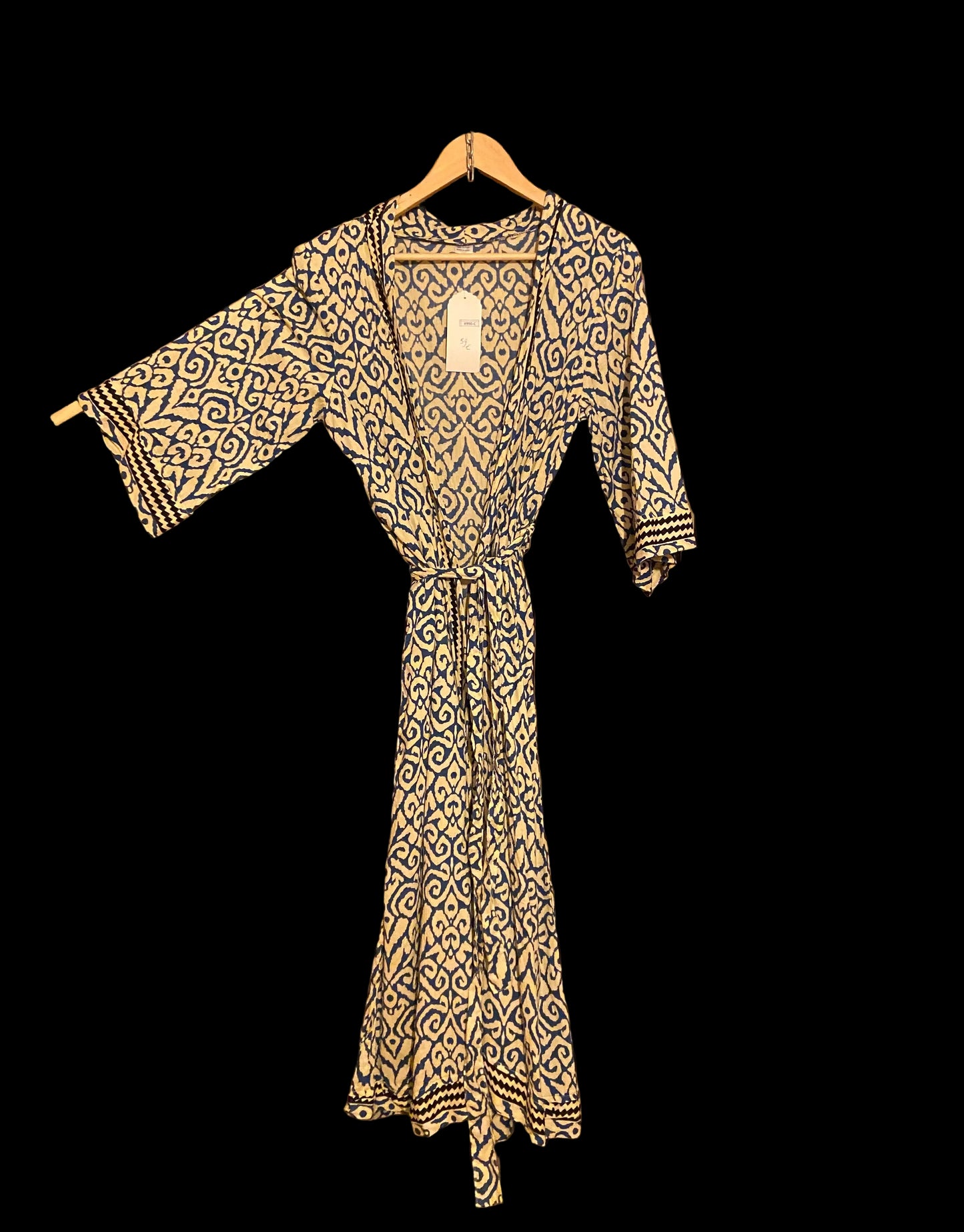 Kimono/ badjas blauw met zwarte bies met kartelmotiefje