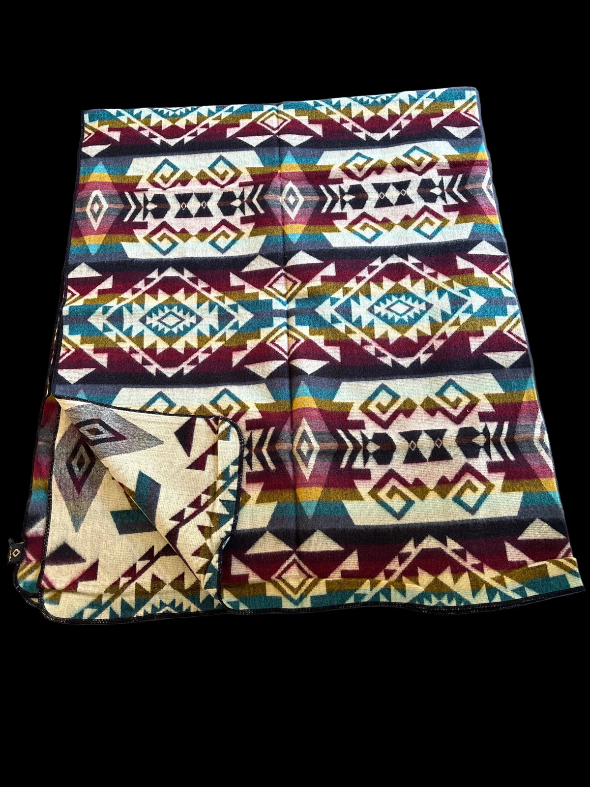 XXL alpaca deken Chimborazo met geometrisch patroon in turquoise, bordeaux, okergeel, crème en zwart