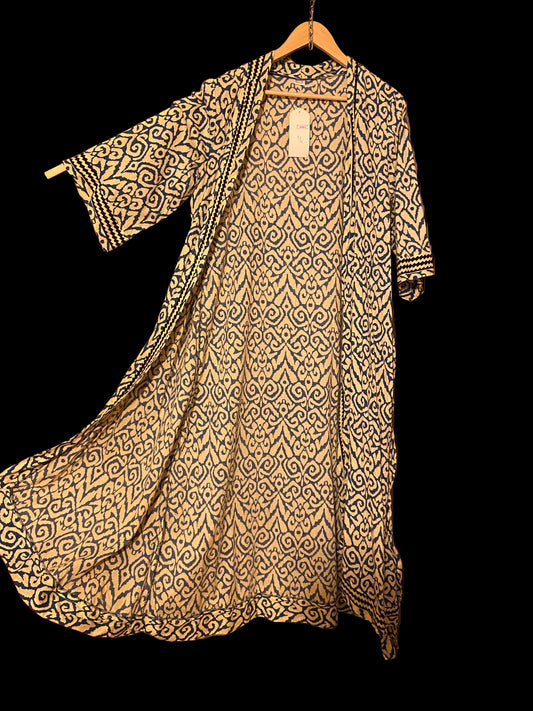 Badjas/kimono katoen blauw - zwarte bies met bloemmotief