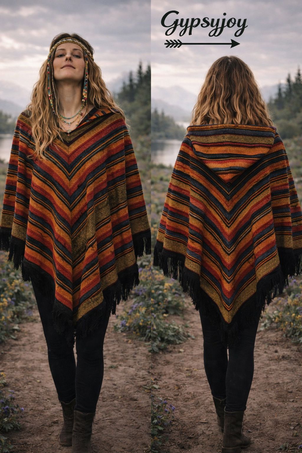 Driehoek Poncho - Alpacawol - Gestreept