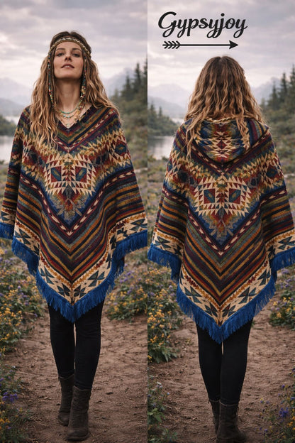 Driehoek Poncho - Alpacawol - Blauw
