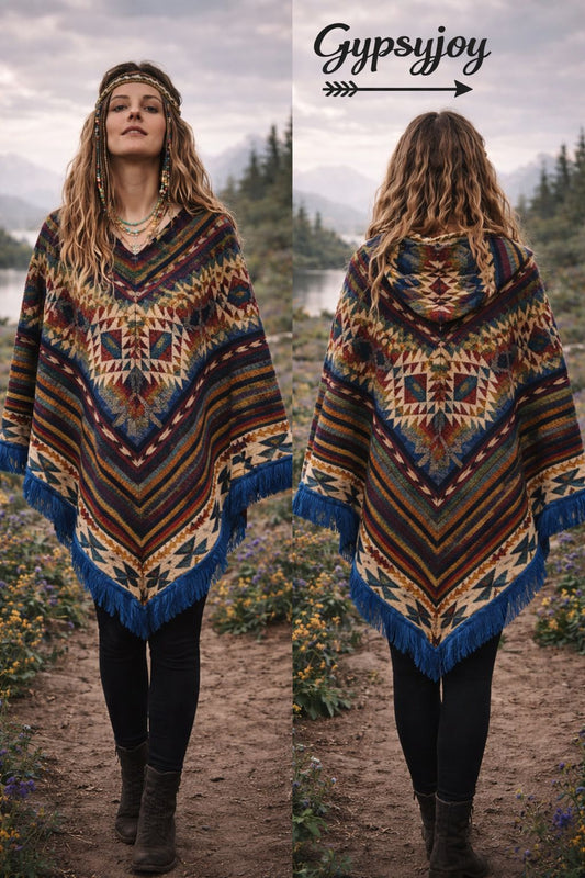 Driehoek Poncho - Alpacawol - Blauw