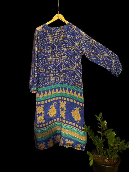 Omkeerbare zijden kimono - blauw/goud