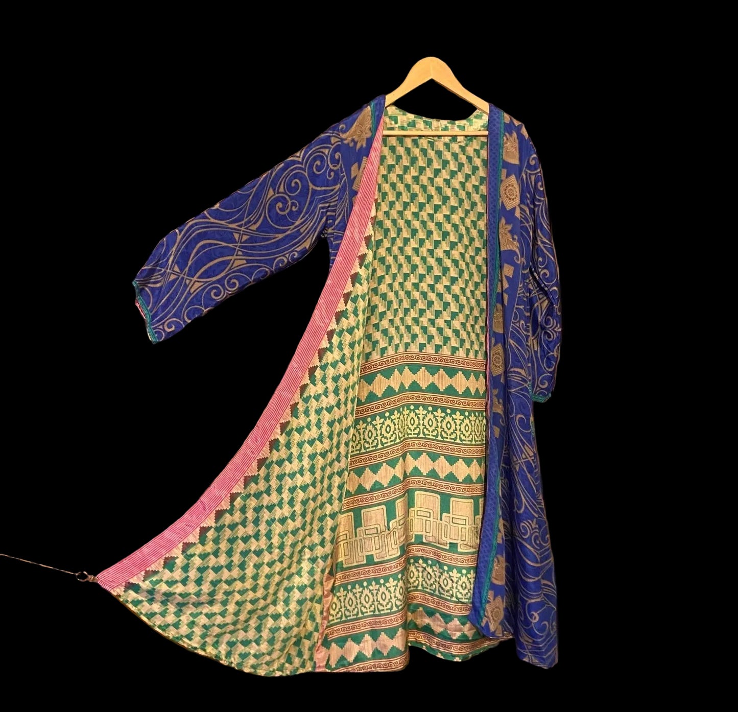 Omkeerbare zijden kimono - blauw/goud