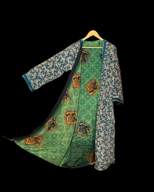 Omkeerbare zijden kimono -groen/blauw