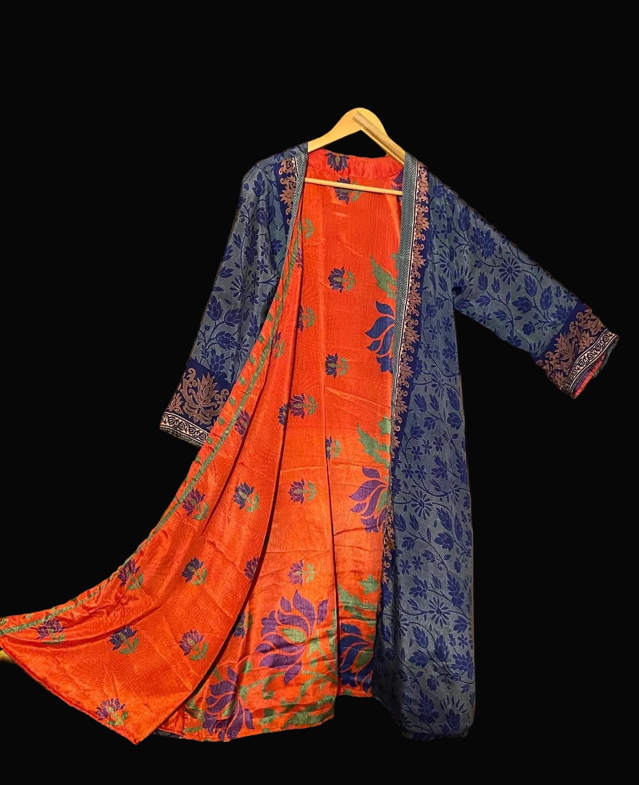 Omkeerbare zijden kimono - oranje/blauw