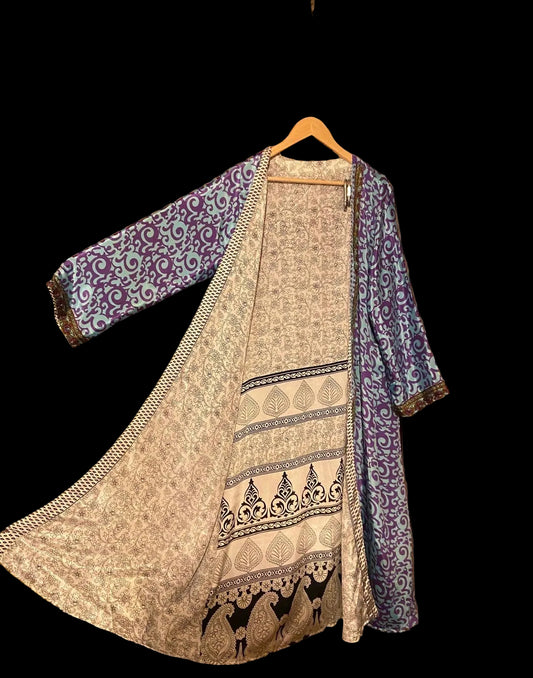 Omkeerbare zijden kimono - paars/creme