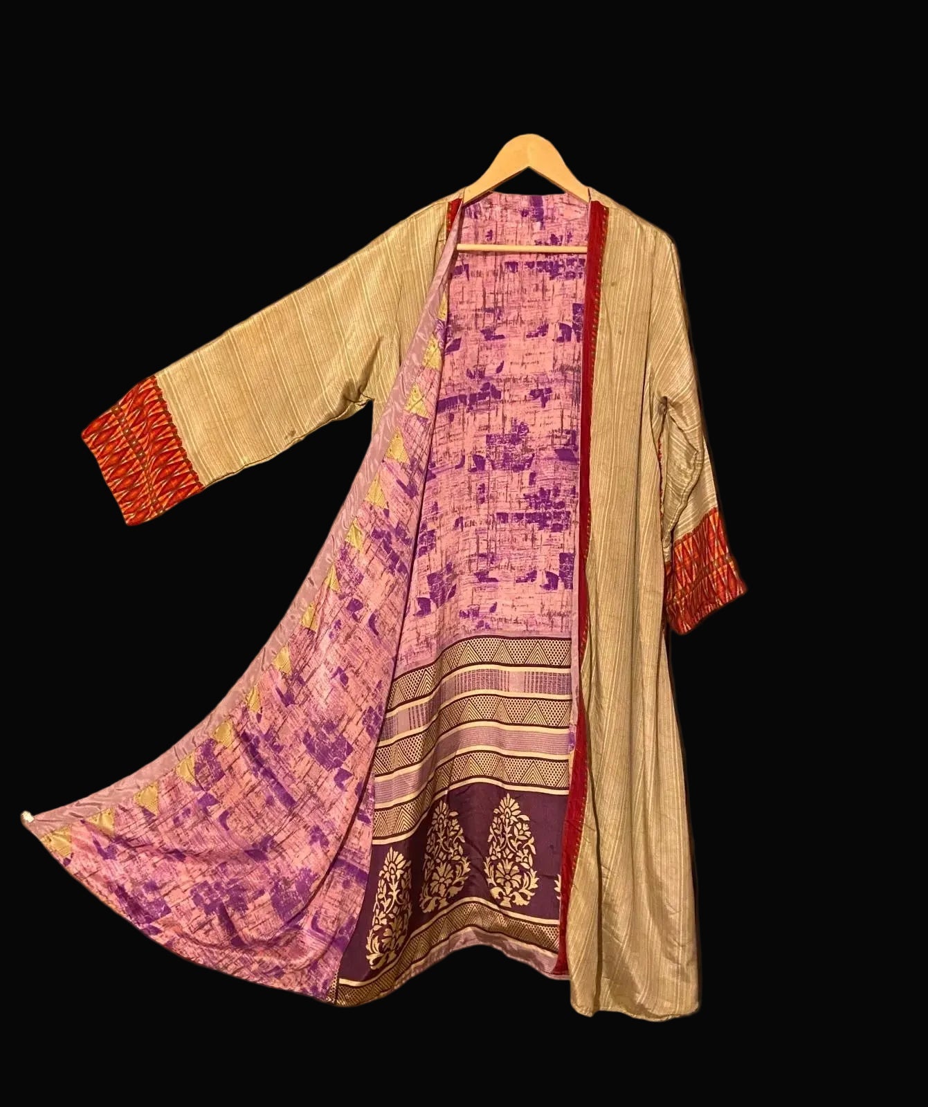 Omkeerbare zijden kimono - creme/fuchsia