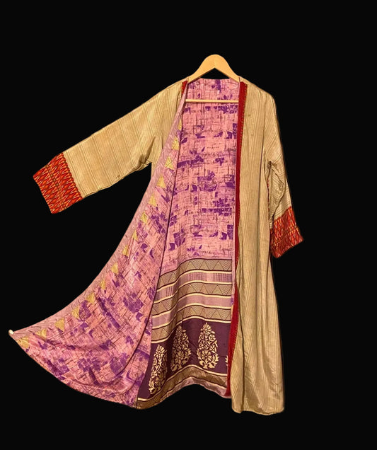 Omkeerbare zijden kimono - creme/fuchsia