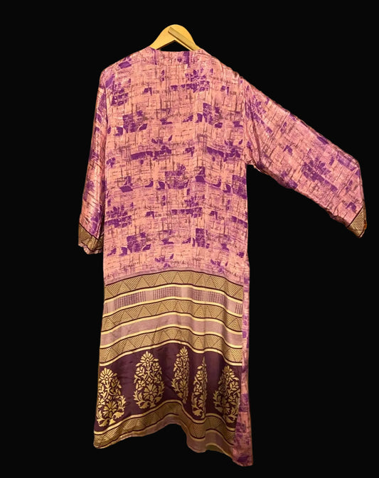 Omkeerbare zijden kimono - creme/fuchsia