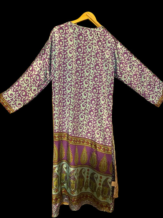 Omkeerbare zijden kimono - paars/creme