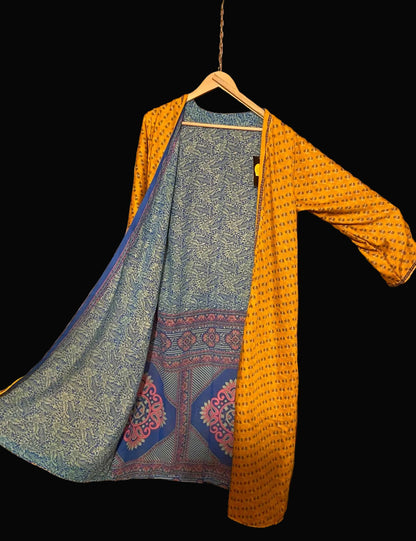 Omkeerbare zijden kimono - geel/blauw