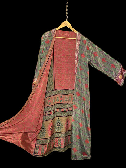 Omkeerbare zijden kimono - groen/rood