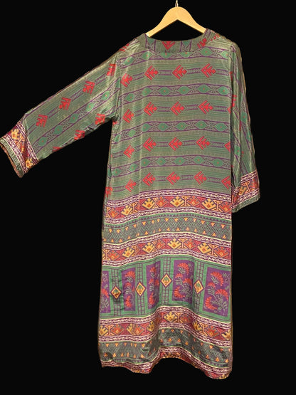 Omkeerbare zijden kimono - groen/rood