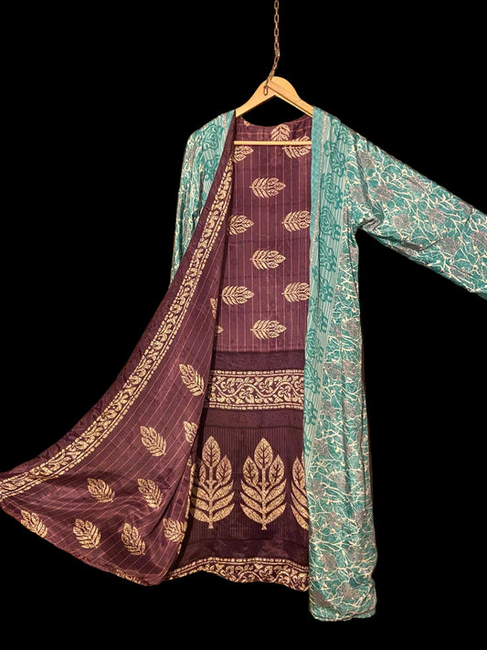 Omkeerbare zijden kimono - mint/aubergine