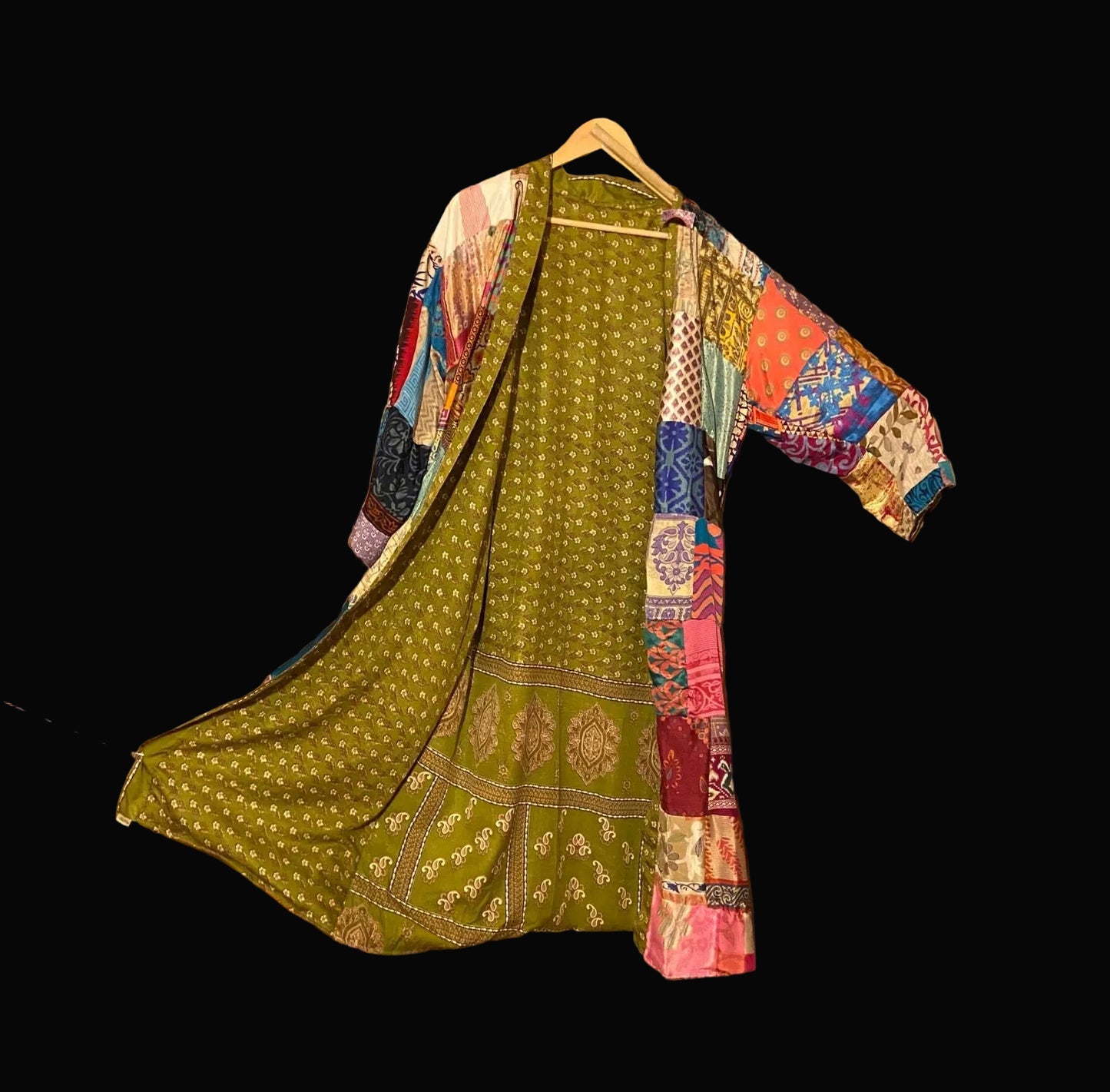 Omkeerbare zijden kimono - mosterd/multicolor