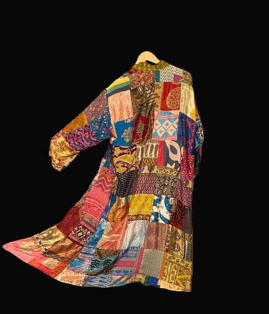 Omkeerbare zijden kimono - mosterd/multicolor