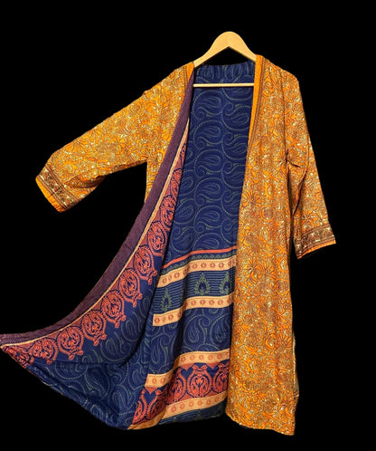 Omkeerbare zijden kimono - Oker/Marine