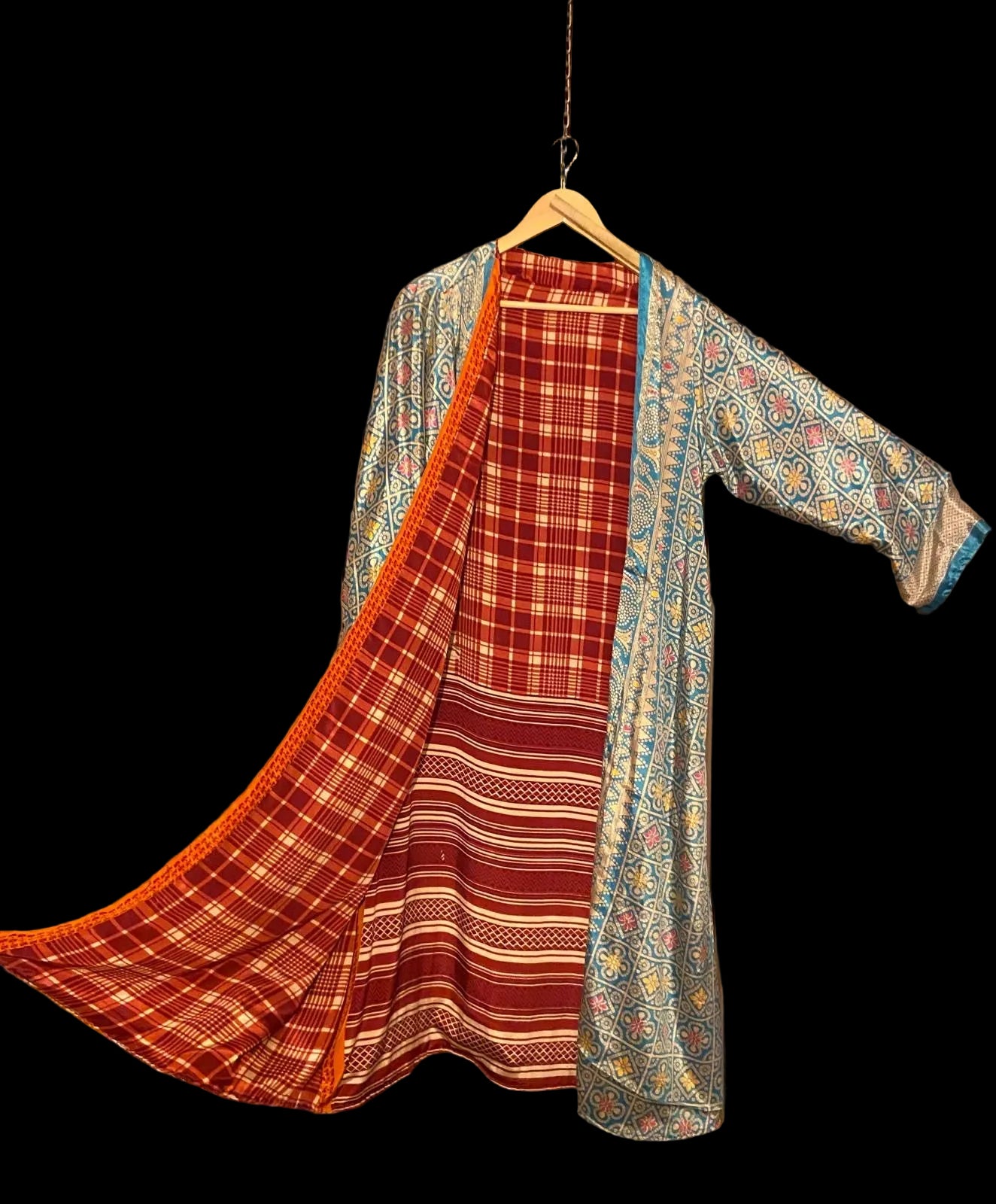 Omkeerbare zijden kimono - Roest/blauw