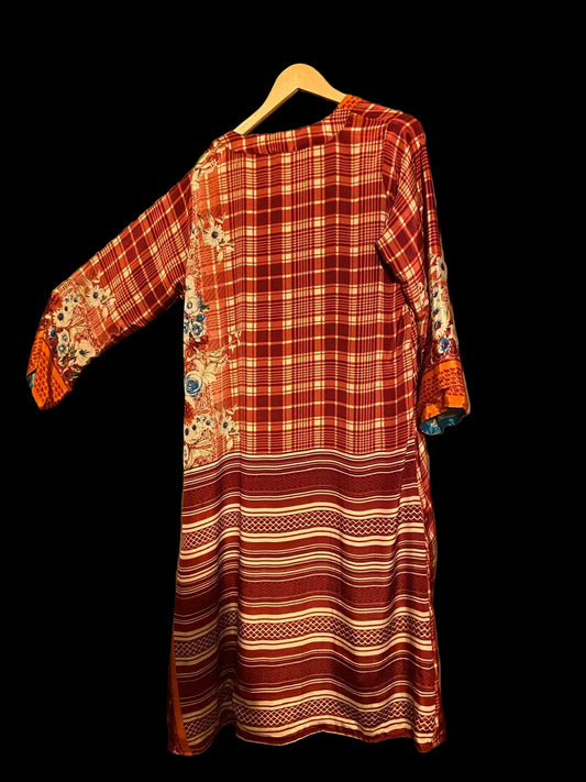 Omkeerbare zijden kimono - Roest/blauw