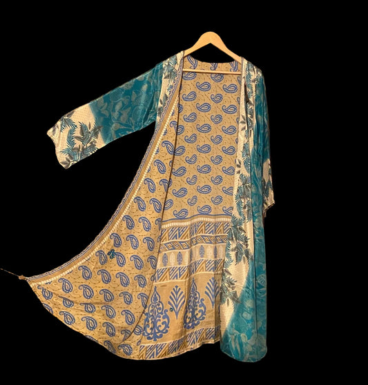 Omkeerbare zijden kimono - teal/geel