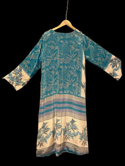 Omkeerbare zijden kimono - teal/geel