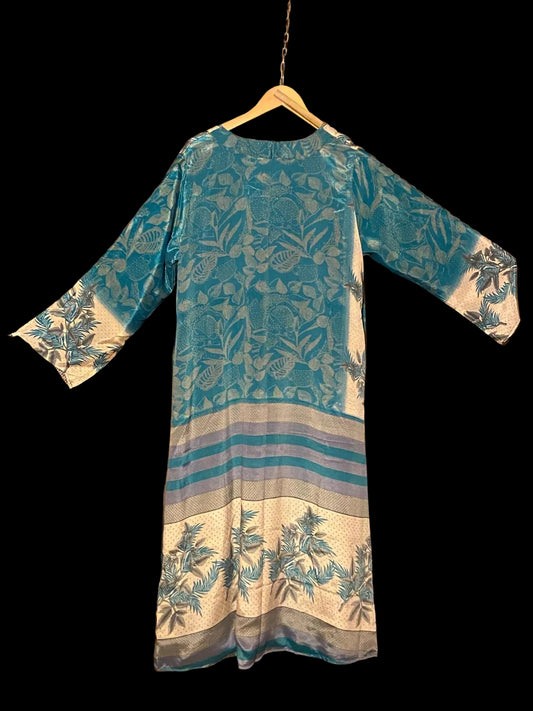 Omkeerbare zijden kimono - teal/geel