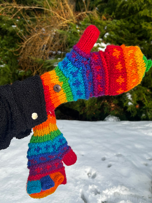 Wollen cabrio wanten met kap - Vingerloze handschoenen - Regenboog