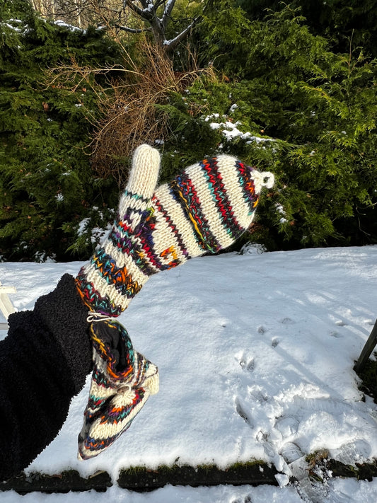 Wollen cabrio wanten met kap - Vingerloze handschoenen - Rainbow wave