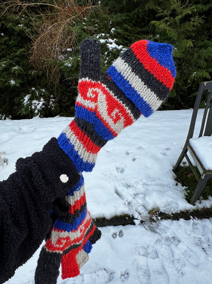 Wollen cabrio wanten met kap - Vingerloze handschoenen - White/red wave