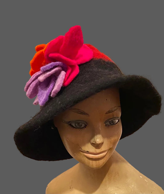 Vilten saunahoedje - Zwart - Bloem