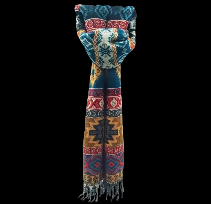 Bohemian shawl 200x95 cm - Teal/geel/multi