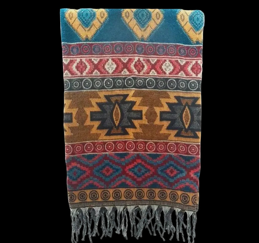 Bohemian shawl 200x95 cm - Teal/geel/multi