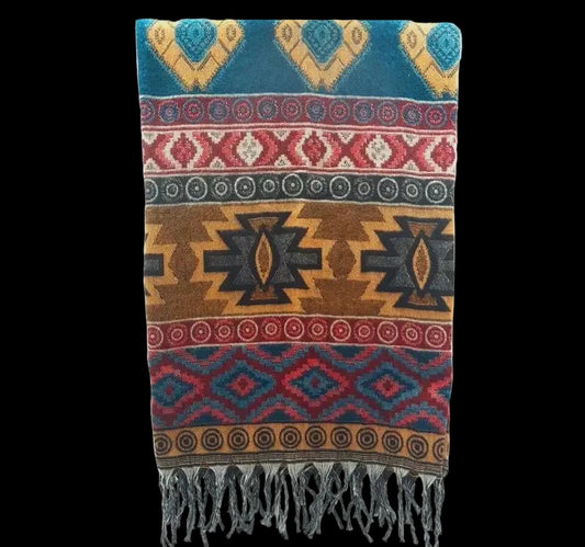 Bohemian shawl 200x95 cm - Teal/geel/multi