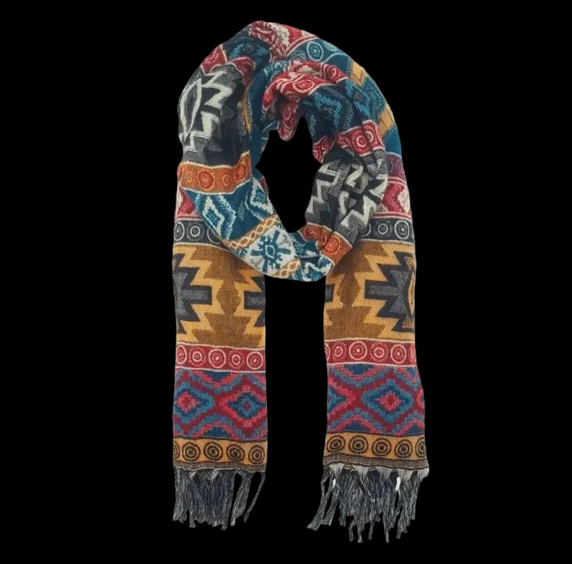 Bohemian shawl 200x95 cm - Teal/geel/multi